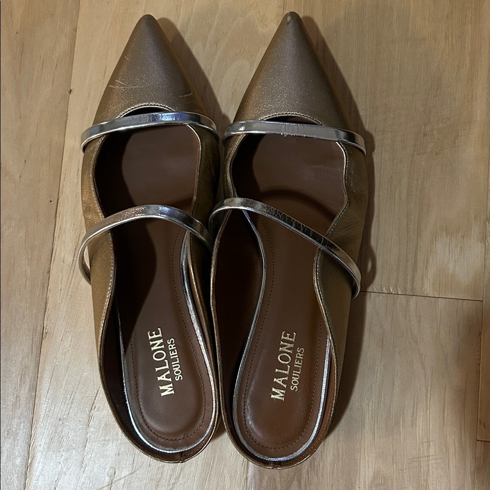 Malone Souliers Bronze Metallic Pointed-Toe Mules with Silver Straps